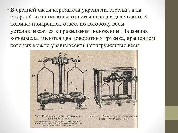 В средней части коромысла укреплена стрелка, а на опорной колонне внизу имеется