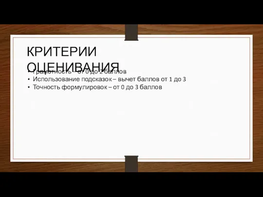 КРИТЕРИИ ОЦЕНИВАНИЯ Грамотность – от 0 до 2 баллов Использование подсказок –