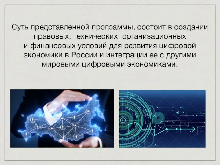 Суть представленной программы, состоит в создании правовых, технических, организационных и финансовых условий