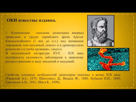 Свойства основных возбудителей дизентерии описаны в конце XIX века (Раевский А.С, 1875;