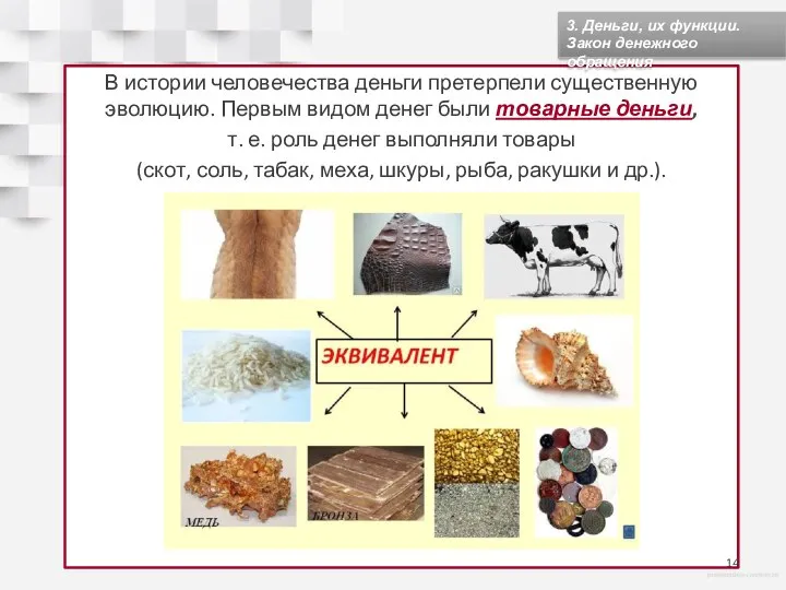 В истории человечества деньги претерпели существенную эволюцию. Первым видом денег были товарные