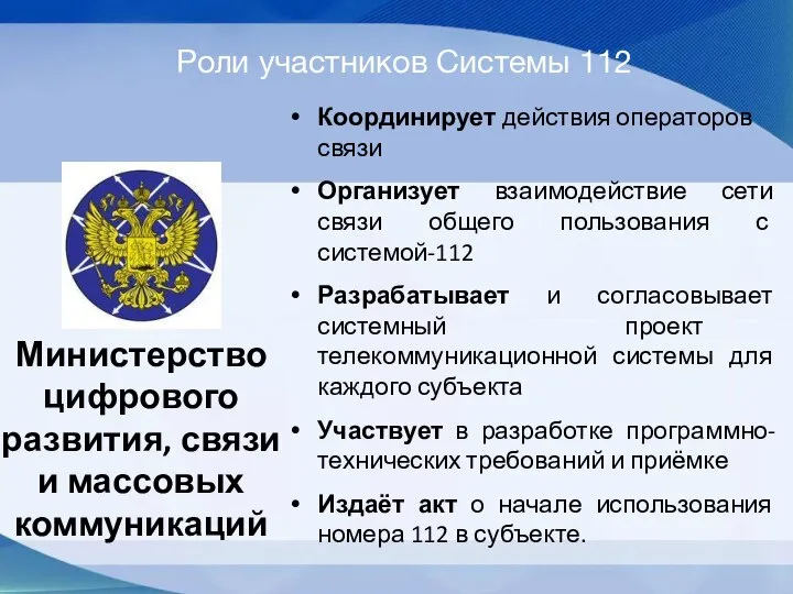 Роли участников Системы 112 Координирует действия операторов связи Организует взаимодействие сети связи