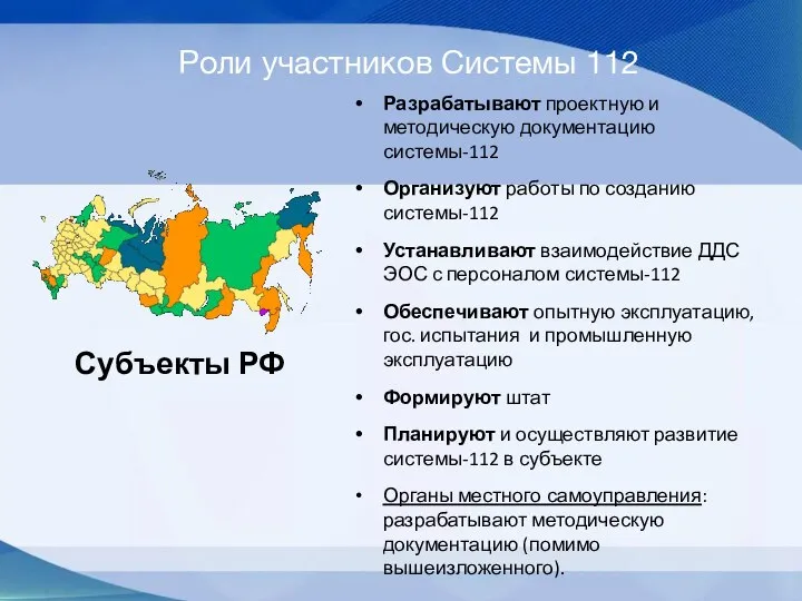 Роли участников Системы 112 Разрабатывают проектную и методическую документацию системы-112 Организуют работы