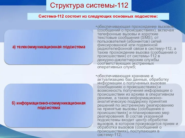 Система-112 состоит из следующих основных подсистем: а) телекоммуникационная подсистема обеспечивающая прохождение вызовов