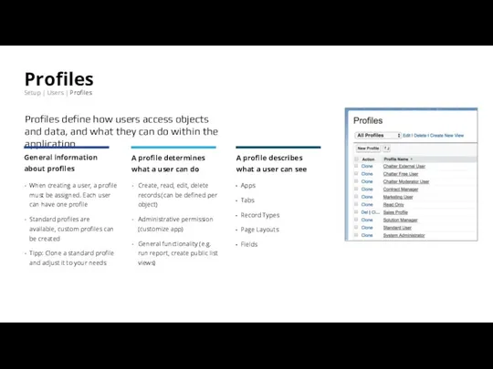 Profiles Setup | Users | Profiles Profiles define how users access objects