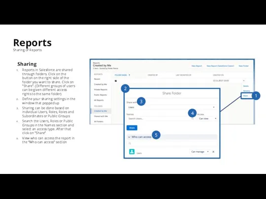 Reports Sharing of Reports Sharing Reports in Salesforce are shared through folders.