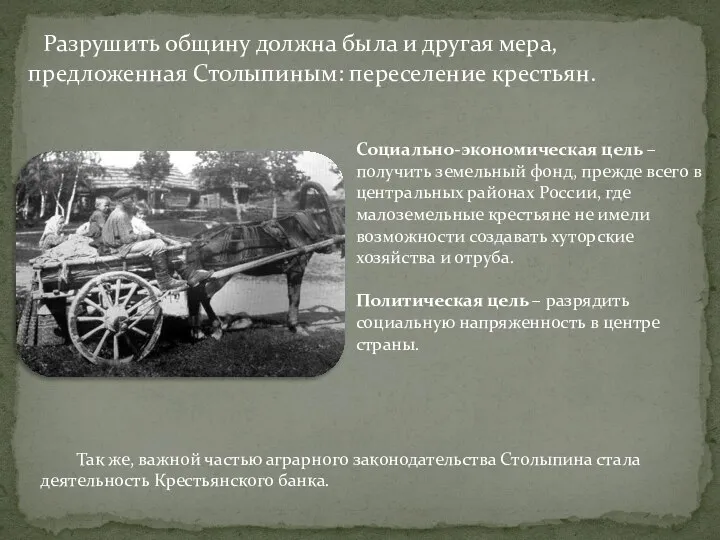 Разрушить общину должна была и другая мера, предложенная Столыпиным: переселение крестьян. Социально-экономическая