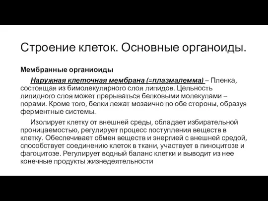 Строение клеток. Основные органоиды. Мембранные органиоиды Наружная клеточная мембрана (=плазмалемма) – Пленка,