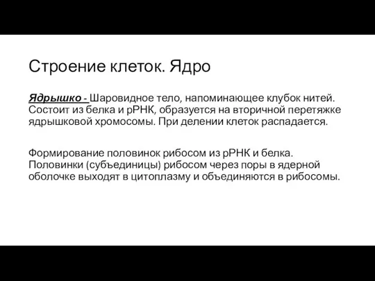 Строение клеток. Ядро Ядрышко - Шаровидное тело, напоминающее клубок нитей. Состоит из