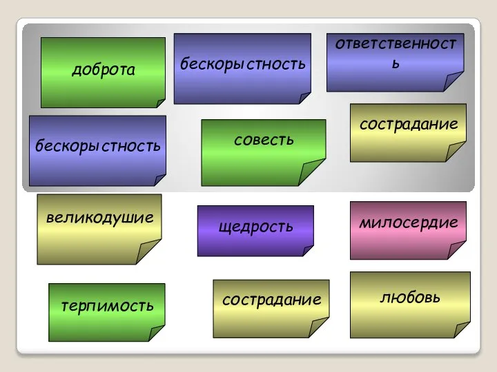 доброта бескорыстность великодушие совесть любовь ответственность сострадание терпимость щедрость милосердие сострадание бескорыстность