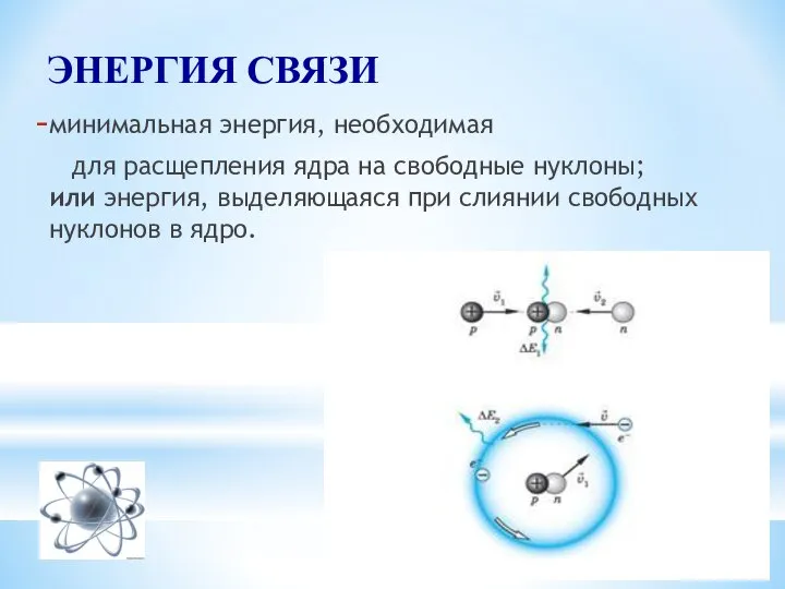 ЭНЕРГИЯ СВЯЗИ минимальная энергия, необходимая для расщепления ядра на свободные нуклоны; или