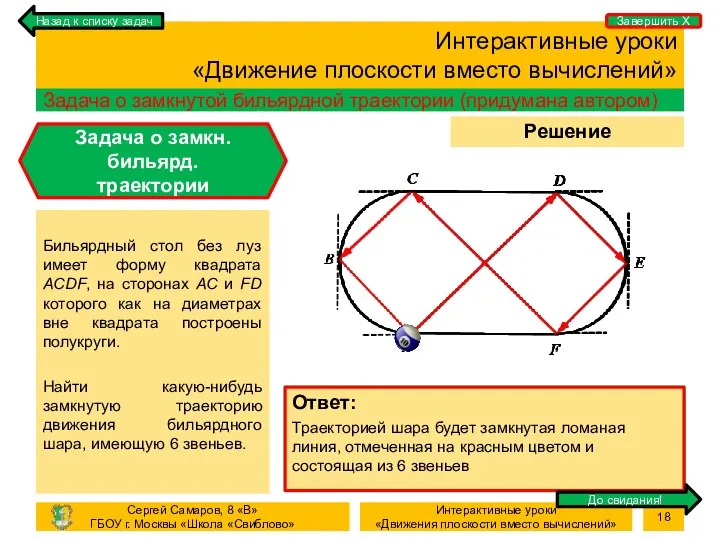 Процесс Решение задачи Интерактивные уроки «Движение плоскости вместо вычислений» Задача о замкнутой