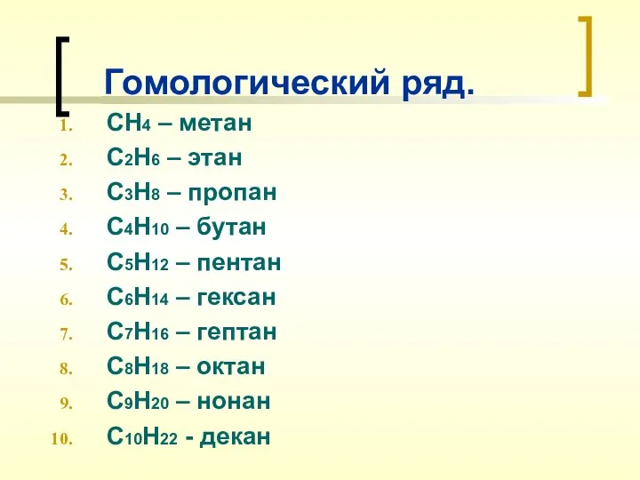 Гомологический ряд. СН4 – метан С2Н6 – этан С3Н8 – пропан С4Н10