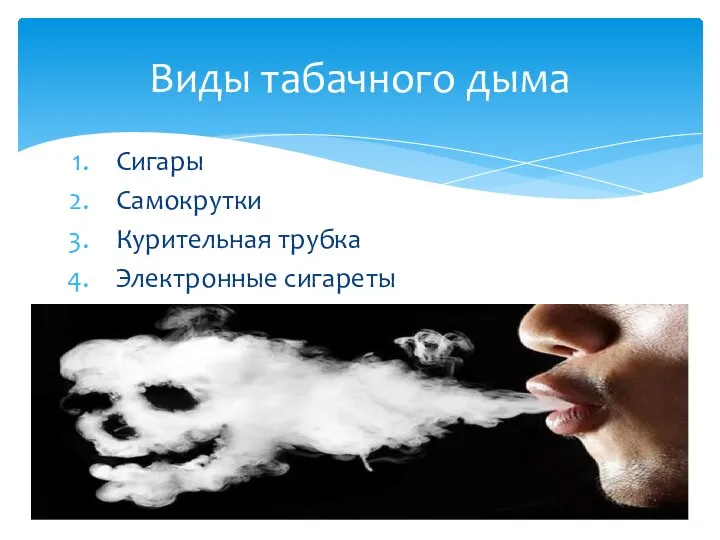 Сигары Самокрутки Курительная трубка Электронные сигареты Виды табачного дыма