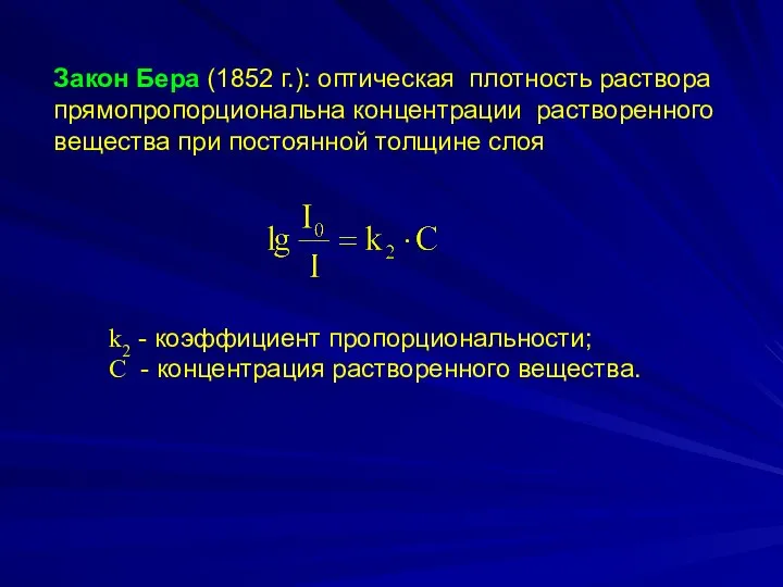 Закон Бера (1852 г.): оптическая плотность раствора прямопропорциональна концентрации растворенного вещества при