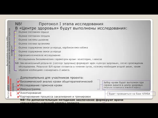 NB! Протокол I этапа исследования В «Центре здоровья» будут выполнены исследования: Оценка