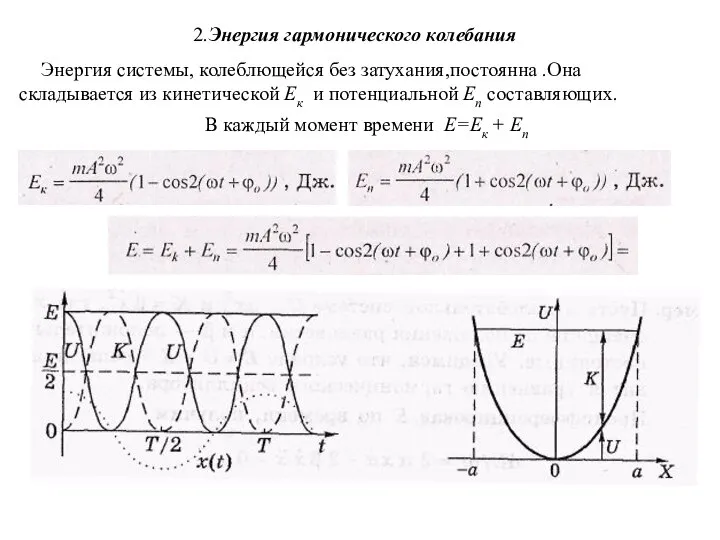 2.Энергия гармонического колебания Энергия системы, колеблющейся без затухания,постоянна .Она складывается из кинетической