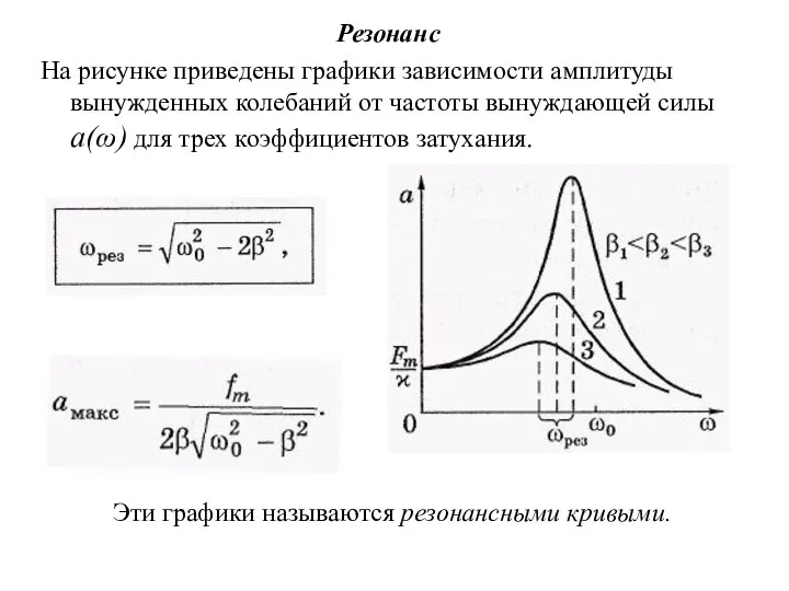 Резонанс На рисунке приведены графики зависимости амплитуды вынужденных колебаний от частоты вынуждающей