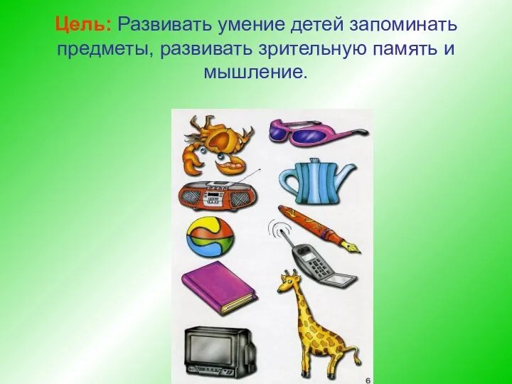 Цель: Развивать умение детей запоминать предметы, развивать зрительную память и мышление.