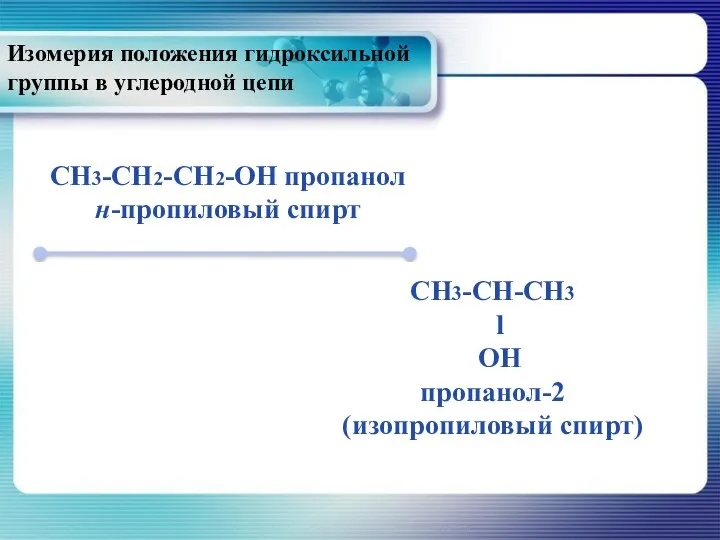 Изомерия положения гидроксильной группы в углеродной цепи CH3-CH2-CH2-OH пропанол н-пропиловый спирт CH3-CH-CH3