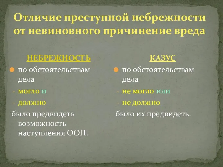 Отличие преступной небрежности от невиновного причинение вреда НЕБРЕЖНОСТЬ по обстоятельствам дела могло