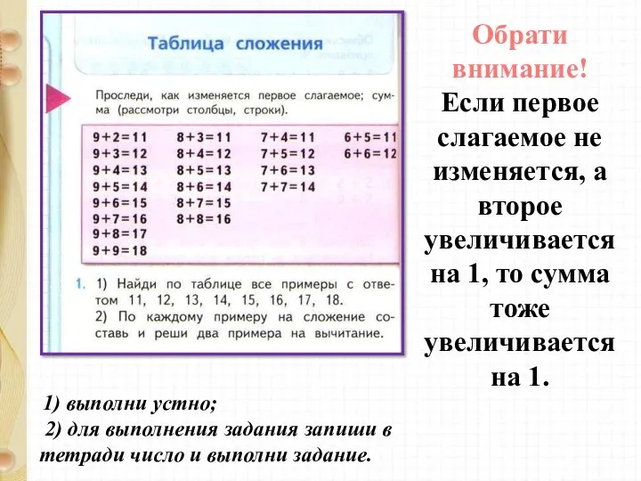 Обрати внимание! Если первое слагаемое не изменяется, а второе увеличивается на 1,