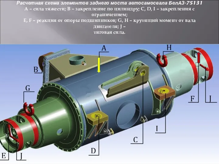 Расчетная схема элементов заднего моста автосамосвала БелАЗ-75131 A – сила тяжести; B