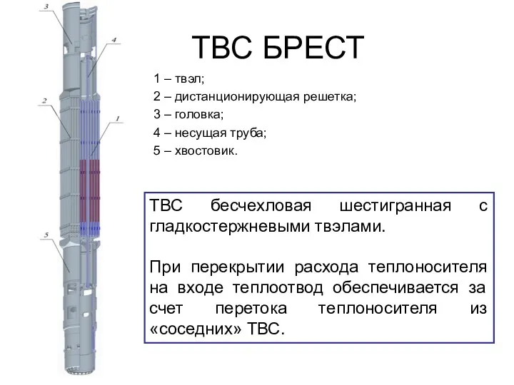 ТВС БРЕСТ 1 – твэл; 2 – дистанционирующая решетка; 3 – головка;