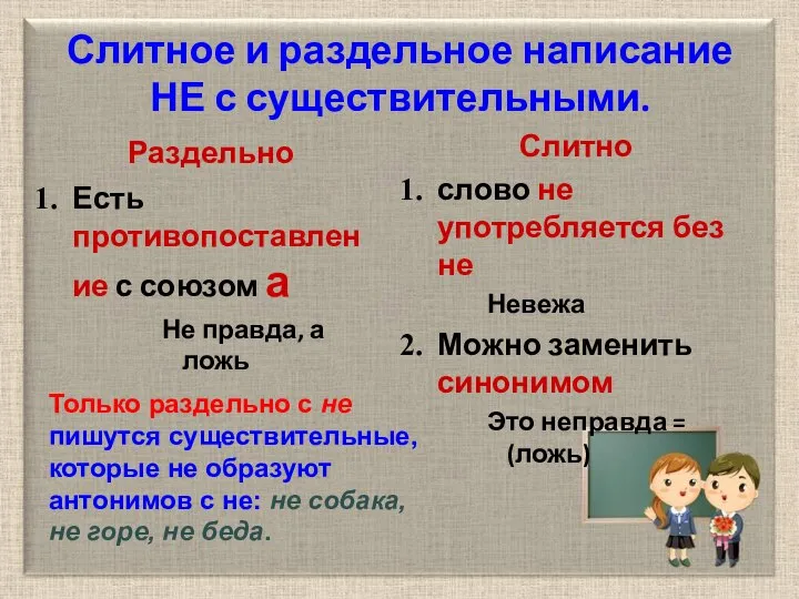 Слитное и раздельное написание НЕ с существительными. Раздельно Есть противопоставление с союзом