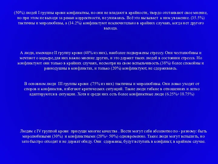 (50%) людей I группы крови конфликтны, но они не впадают в крайности,