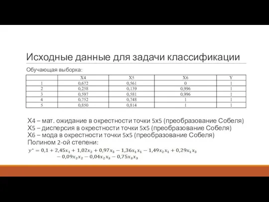 Исходные данные для задачи классификации Обучающая выборка: Х4 – мат. ожидание в