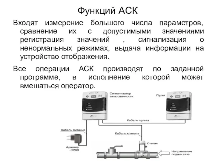 Функций АСК Входят измерение большого числа параметров, сравнение их с допустимыми значениями