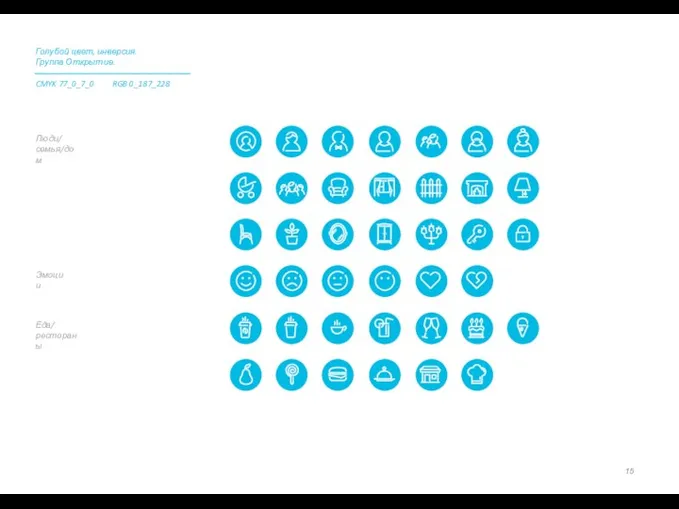 Эмоции Еда/ рестораны Люди/ семья/дом Голубой цвет, инверсия. Группа Открытие. CMYK 77_0_7_0 RGB 0_187_228