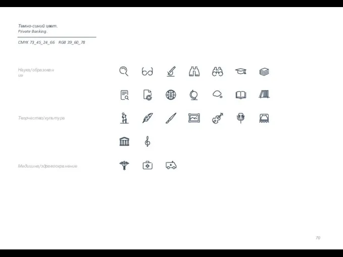 Медицина/здравоохранение Творчество/культура Наука/образование Темно-синий цвет. Private Banking. CMYK 73_45_24_66 RGB 39_60_78