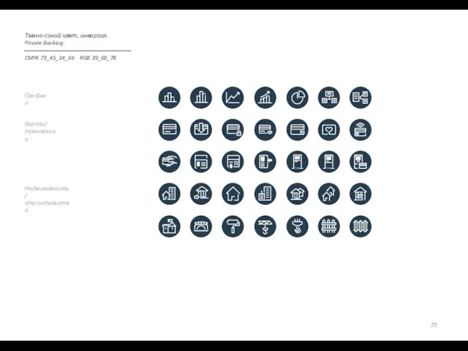 Недвижимость/ строительство Карты/ транзакции Графики Темно-синий цвет, инверсия. Private Banking. CMYK 73_45_24_66 RGB 39_60_78