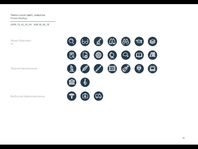 Медицина/здравоохранение Творчество/культура Наука/образование Темно-синий цвет, инверсия. Private Banking. CMYK 73_45_24_66 RGB 39_60_78