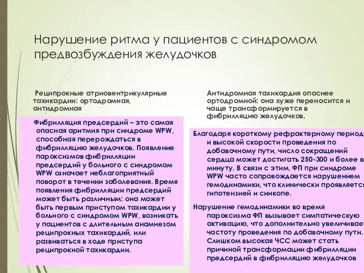 Нарушение ритма у пациентов с синдромом предвозбуждения желудочков Реципрокные атриовентрикулярные тахикардии: ортодромная,