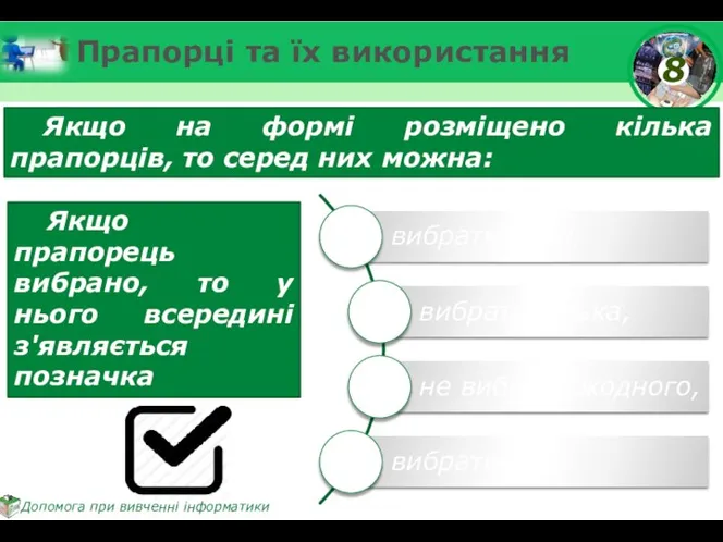 Прапорці та їх використання Якщо на формі розміщено кілька прапорців, то серед