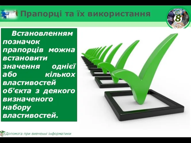 Прапорці та їх використання Встановленням позначок прапорців можна встановити значення однієї або