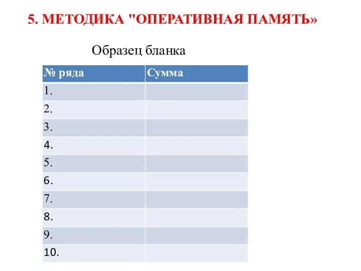 5. МЕТОДИКА "ОПЕРАТИВНАЯ ПАМЯТЬ» Образец бланка