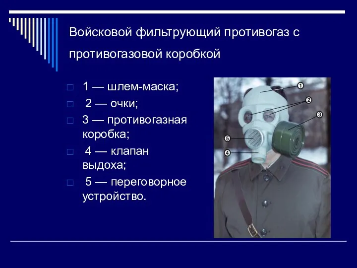 Войсковой фильтрующий противогаз с противогазовой коробкой 1 — шлем-маска; 2 — очки;
