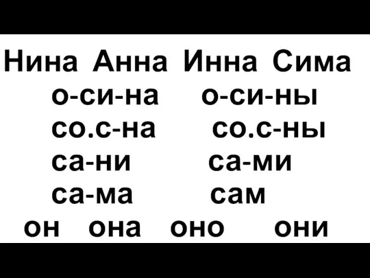 Нина Анна Инна Сима о-си-на о-си-ны со.с-на со.с-ны са-ни са-ми са-ма сам он она оно они