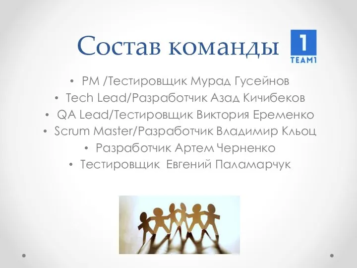 Состав команды PM /Тестировщик Мурад Гусейнов Tech Lead/Разработчик Азад Кичибеков QA Lead/Тестировщик