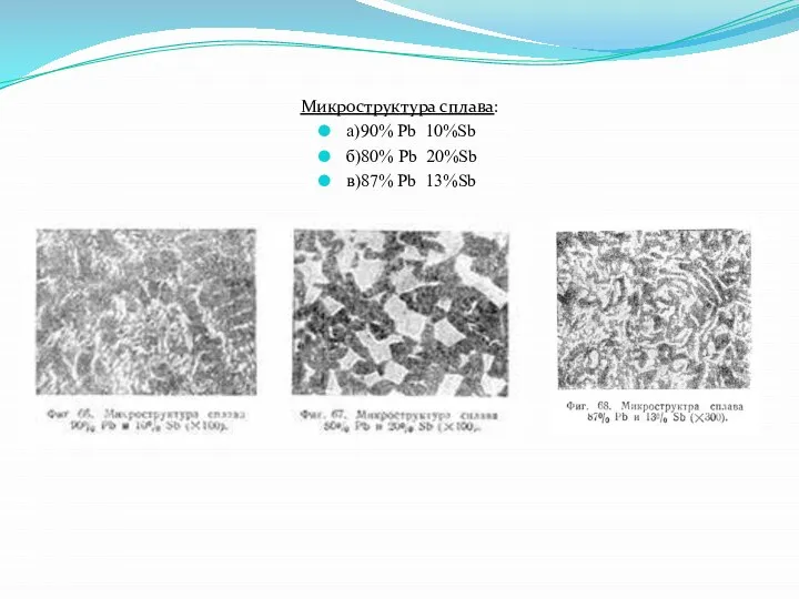 Микроструктура сплава: а)90% Pb 10%Sb б)80% Pb 20%Sb в)87% Pb 13%Sb