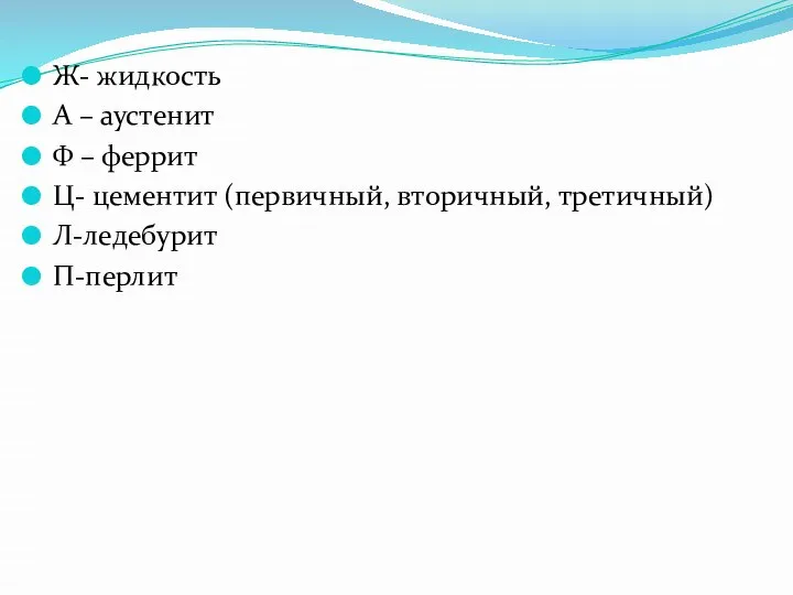 Ж- жидкость А – аустенит Ф – феррит Ц- цементит (первичный, вторичный, третичный) Л-ледебурит П-перлит