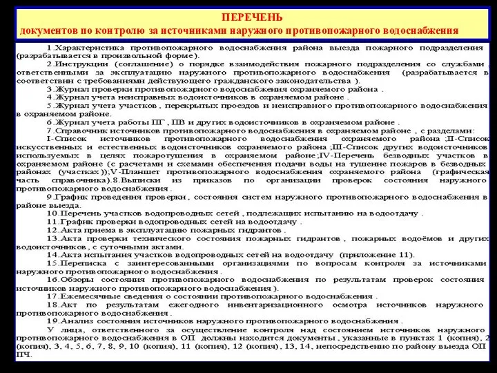 ПЕРЕЧЕНЬ документов по контролю за источниками наружного противопожарного водоснабжения