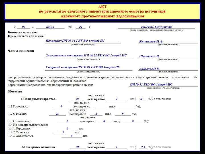 АКТ по результатам ежегодного инвентаризационного осмотра источников наружного противопожарного водоснабжения