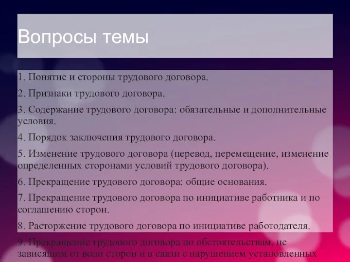 Вопросы темы 1. Понятие и стороны трудового договора. 2. Признаки трудового договора.