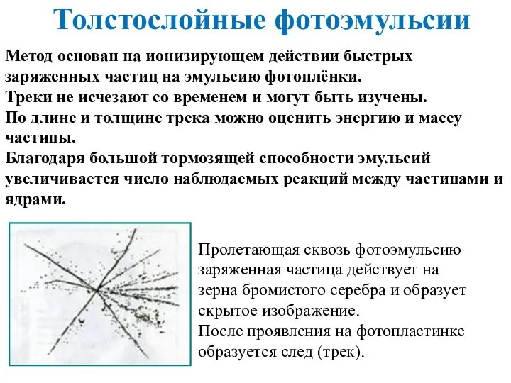 Толстослойные фотоэмульсии Пролетающая сквозь фотоэмульсию заряженная частица действует на зерна бромистого серебра