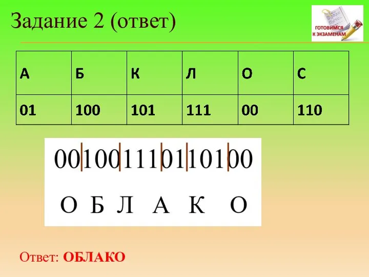 Задание 2 (ответ) Ответ: ОБЛАКО